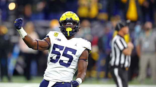 Dec 4, 2021; Indianapolis, IN, USA; Michigan Wolverines linebacker David Ojabo (55) reacts during the first quarter against the Iowa Hawkeyes in the Big Ten Conference championship game at Lucas Oil Stadium. Mandatory Credit: Mark J. Rebilas-USA TODAY Sports